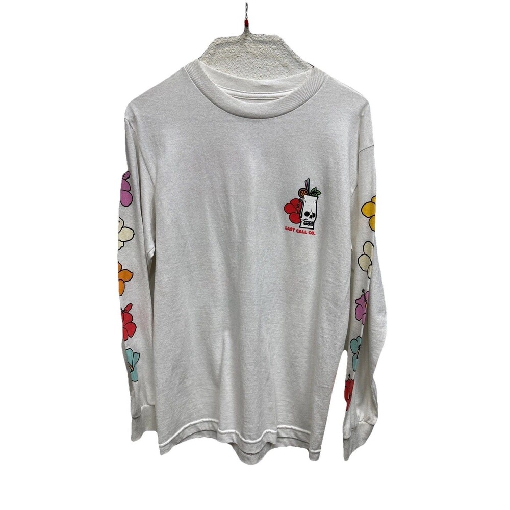 Last Call Co. Long Sleeve Tee S Ivory Graphic Cotton Unhappy Hour Cotton
